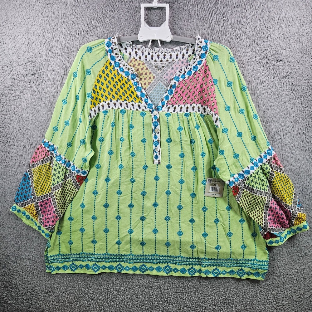 $139 NEW John Mark Embroidered Top Blouse Women 1X‎ Split Neck Green Blue